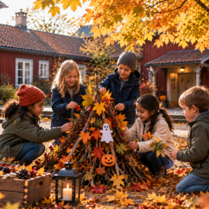 Barn som leker utomhus på en innergår med röda trähus. dekorerad pinnhög bredvid ett Lönn träd.