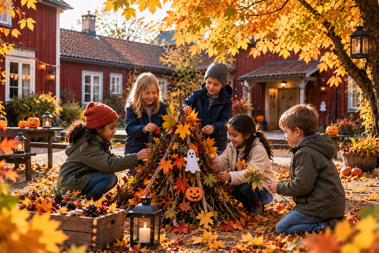 Barn som leker utomhus på en innergår med röda trähus. dekorerad pinnhög bredvid ett Lönn träd.