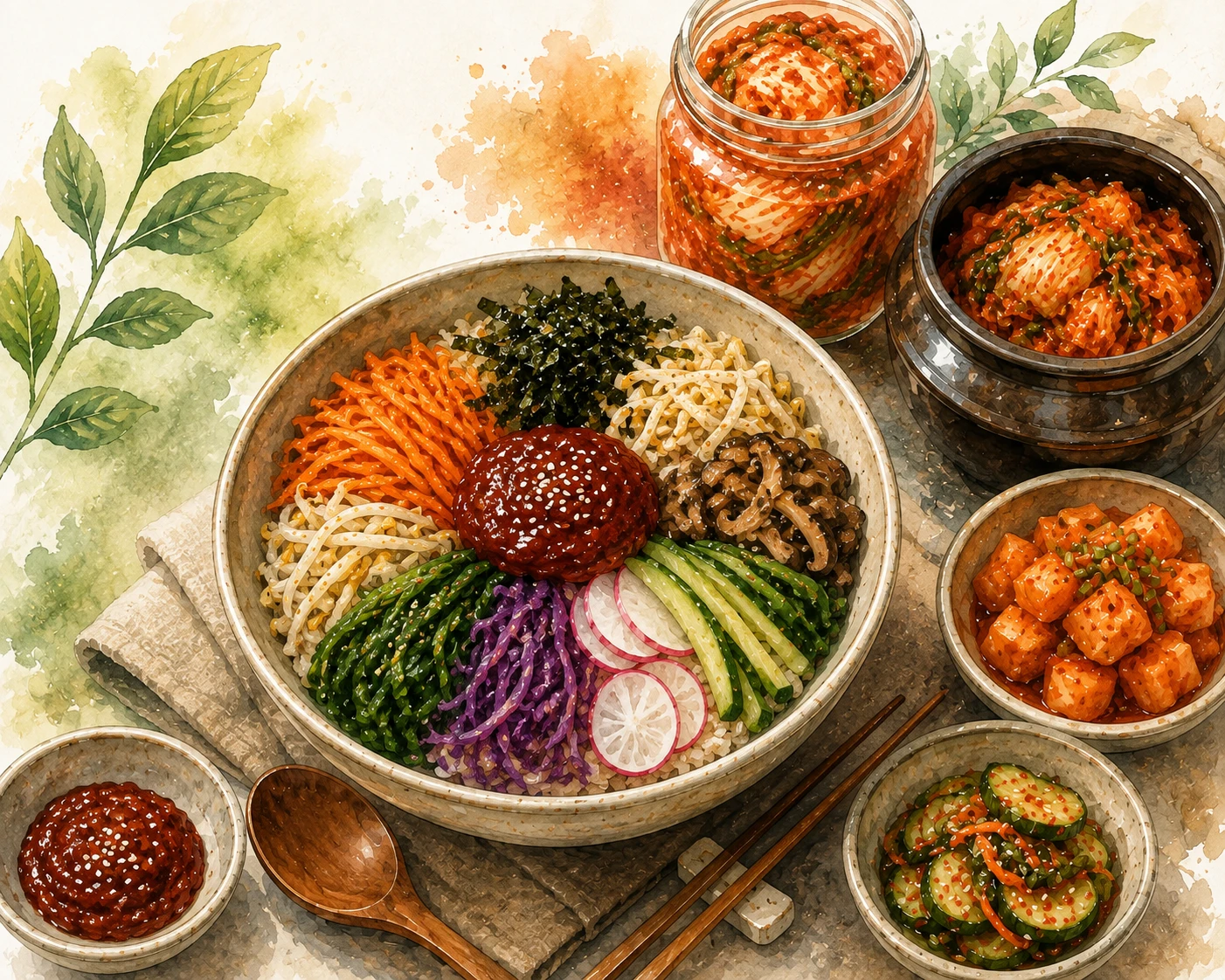 Vackert upplagd koreansk bibimbap & fermenterad mat