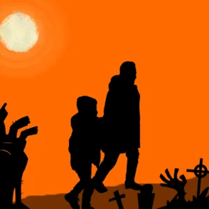 Förälder och barn som går förbi zombies på halloween