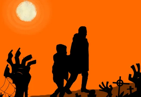 Förälder och barn som går förbi zombies på halloween