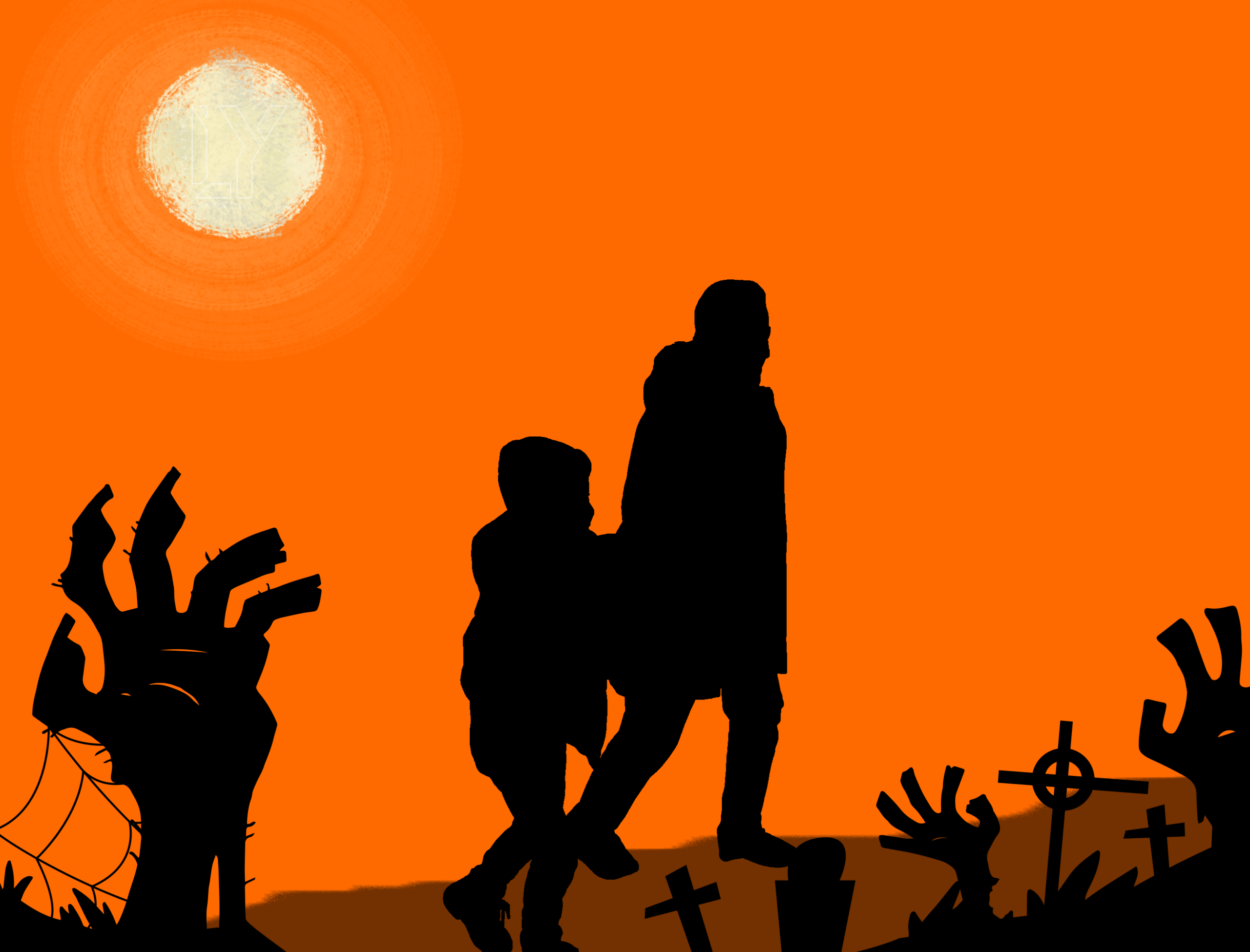 Förälder och barn som går förbi zombies på halloween