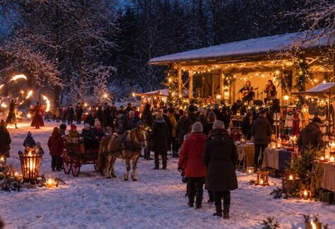 Julmarknad i vinterlandskap. En julpyntad dansbana på höger sida med två kvinnor som spelar musik. Försäljningsstånd, människor som går runt, barn som åker häst och vagn, en eldshow, eldkorg och marschaller.