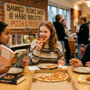 Framtagen av AI. Ungdomar som sitter tillsammans och äter pizza samtidigt som, de diskuterar.