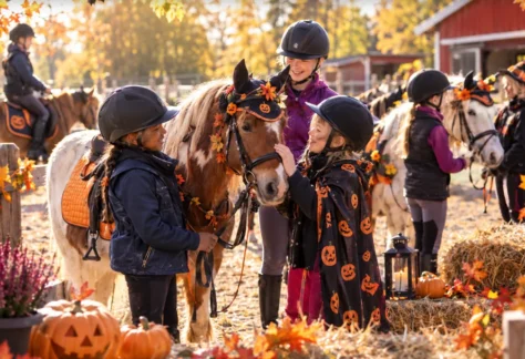 En höstlig halloweenbild utanför en ridskola som har öppet hus.