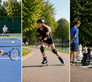 AI-skapat fotokollage som visar tennisspelare, inlines-åkare och spelare av jätteschack.