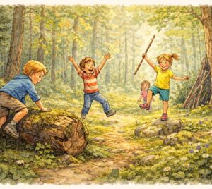 AI genererad illustration av barn som leker i solskenet av ett stycke lummig natur.